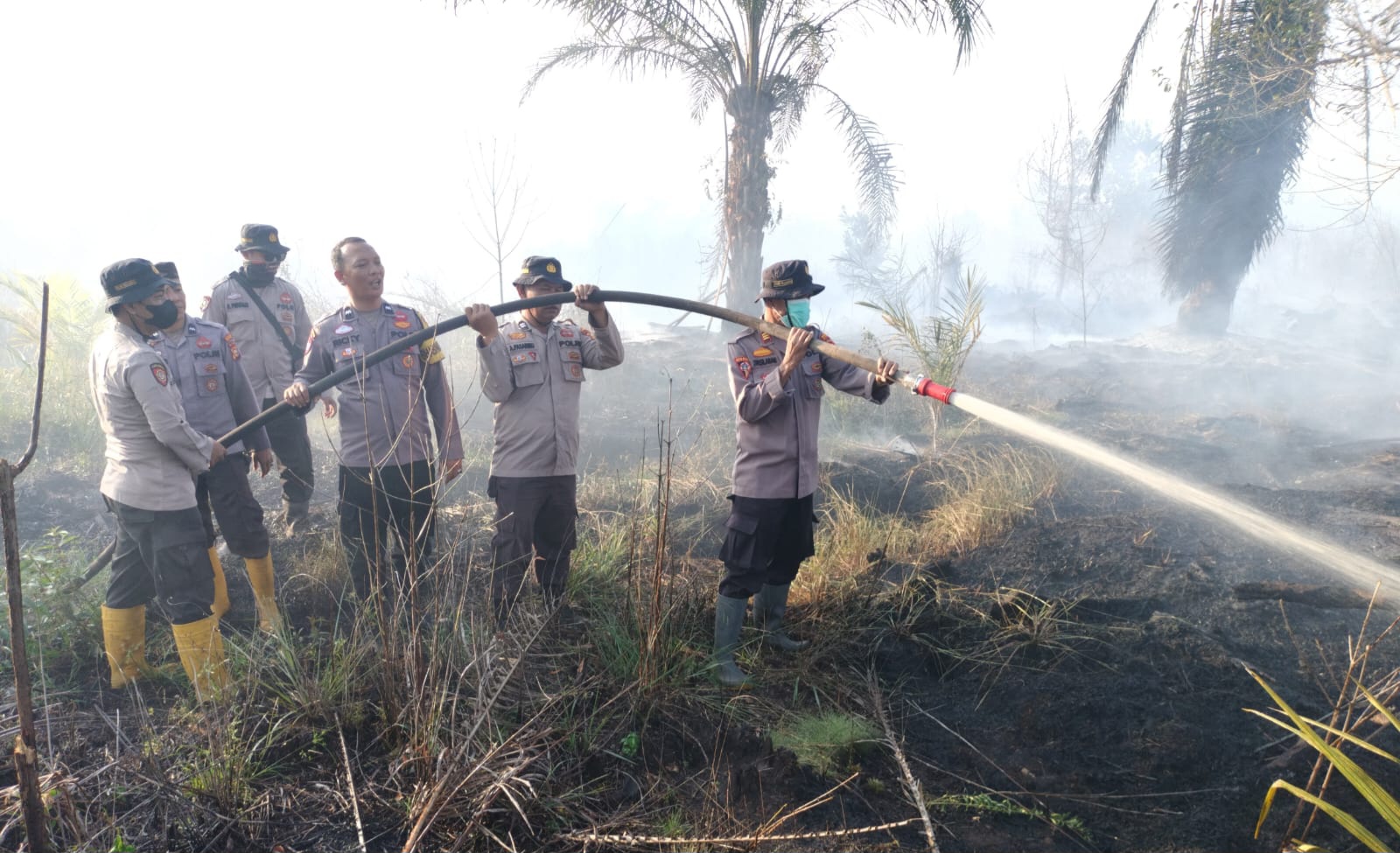 Bersama Tim Gabungan, Polsek Pangkalan Kerinci Berjibaku Padamkan Karhutla di Kuala Terusan