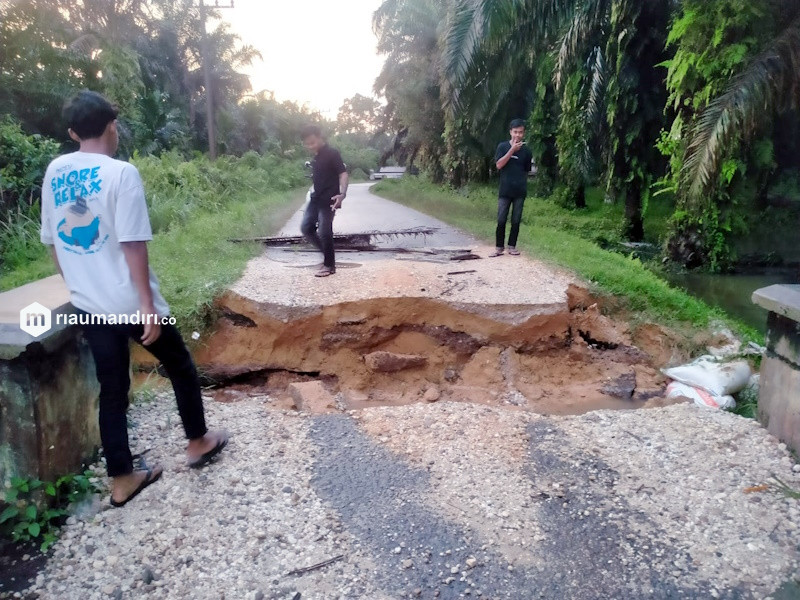 Pemda Lamban, Warga Sentajo Raya Perbaiki Sendiri Jembatan Jebol